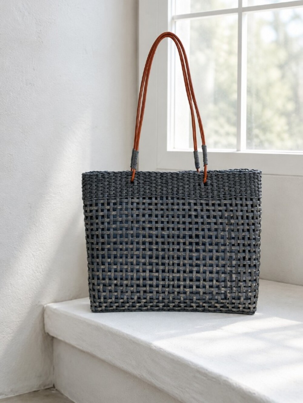 Woven Shoulder Tote Bag in Charcoal with Brown Handles